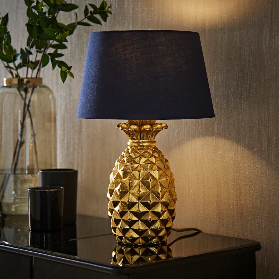 image 1 of ValueLights Pineapple Design Gold Effect Table Lamp With Navy Blue Shade