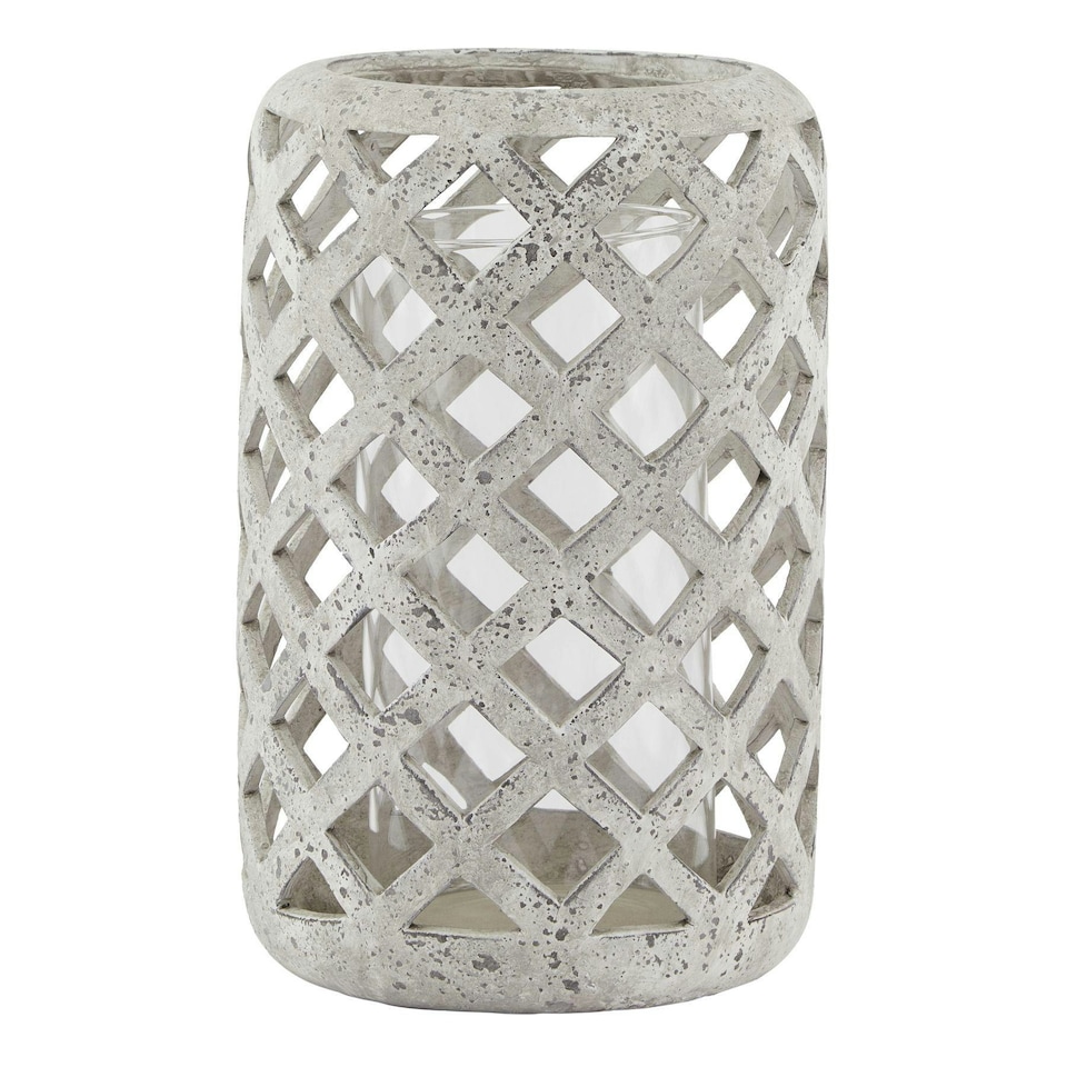 image 1 of Hill Interiors Stone Effect Hurricane Lantern - Grey - 32cm x 20cm x 20cm
