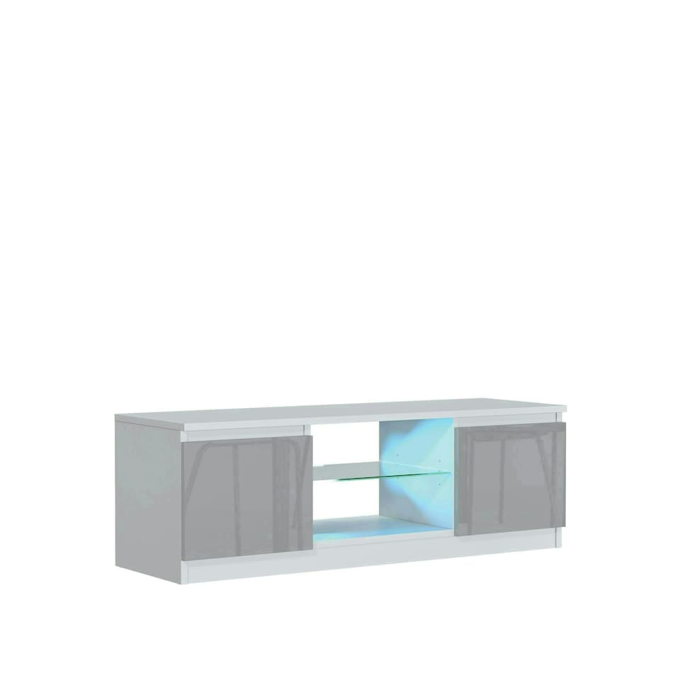 image 1 of TV Unit 120cm Grey Gloss Doors White Matt Body Glass Shelf Free LED White | Grey