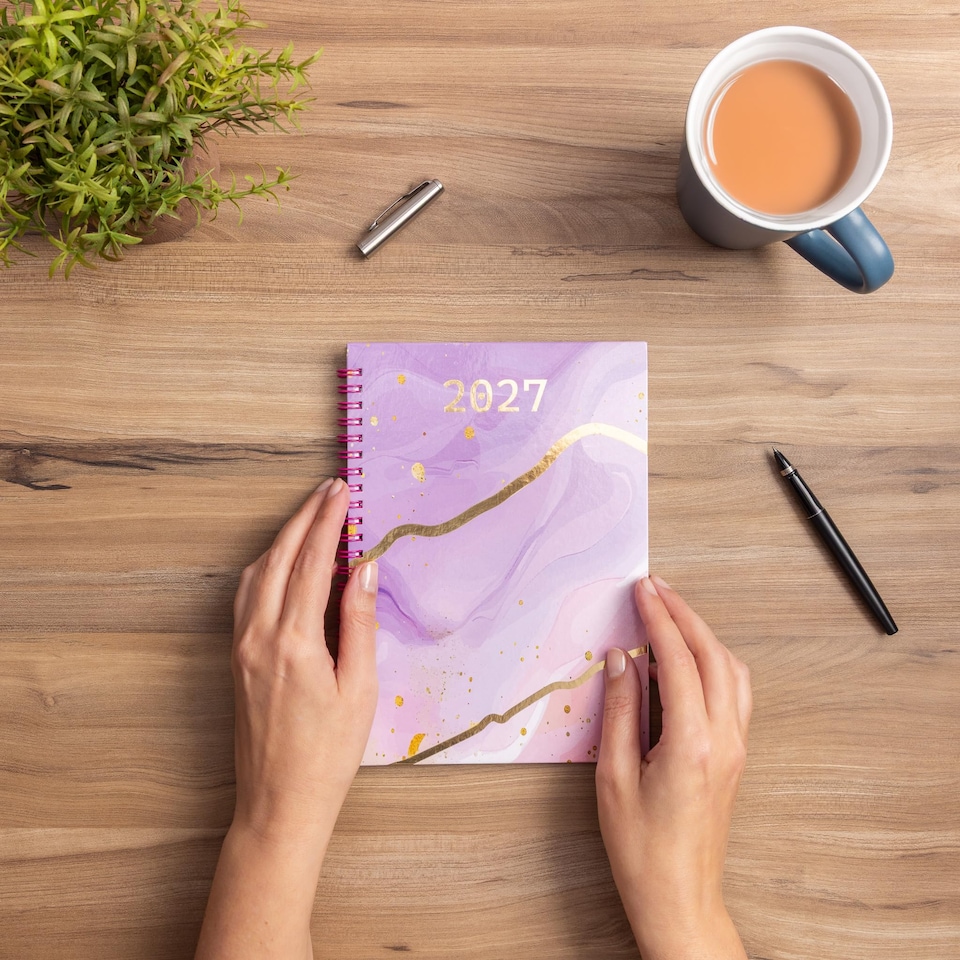 image 1 of 2027 Diary A5 Week to View - Spiral Bound Hardback Wiro Planner, January to December 2027 - Weekly Organiser with Durable Cover (Marble)