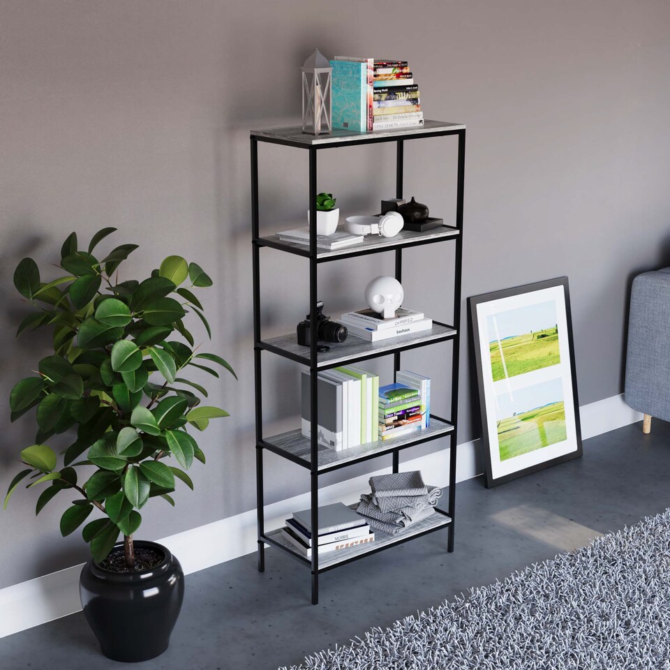 image 1 of Vida Designs Brooklyn 5 Tier Bookcase Industrial Style Display Storage, Grey