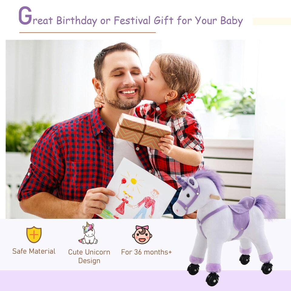 image 1 of HOMCOM Kids Plush Ride-On Unicorn, with Realistic Sounds, Handlebar, Purple