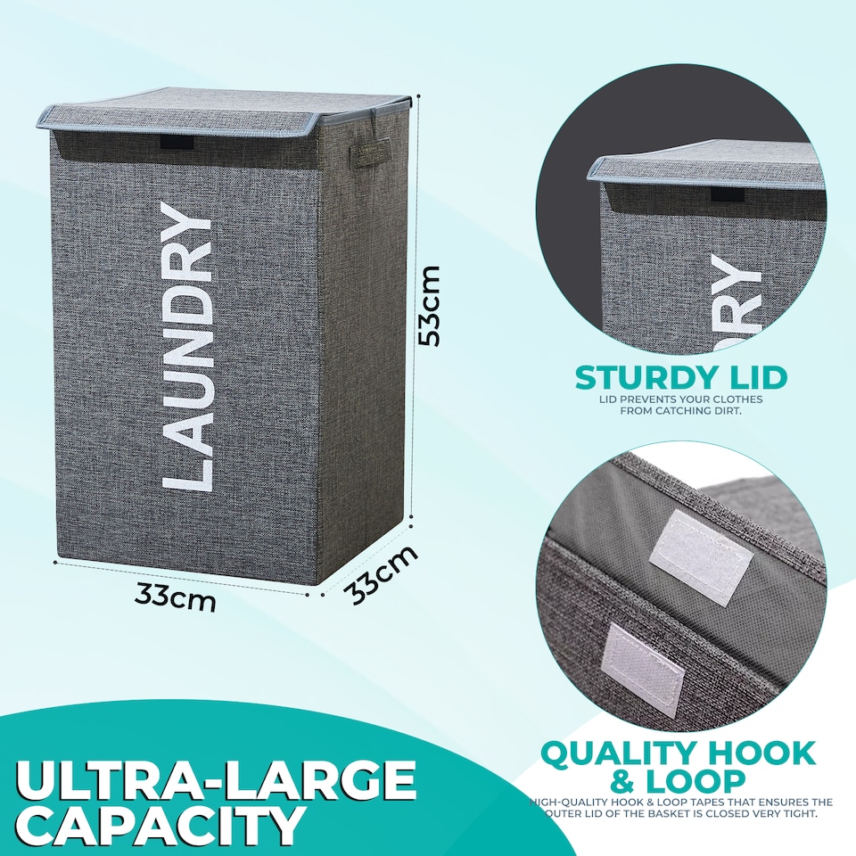 image 1 of 57L Collapsible Laundry Basket with Lid Portable Clothes Hamper