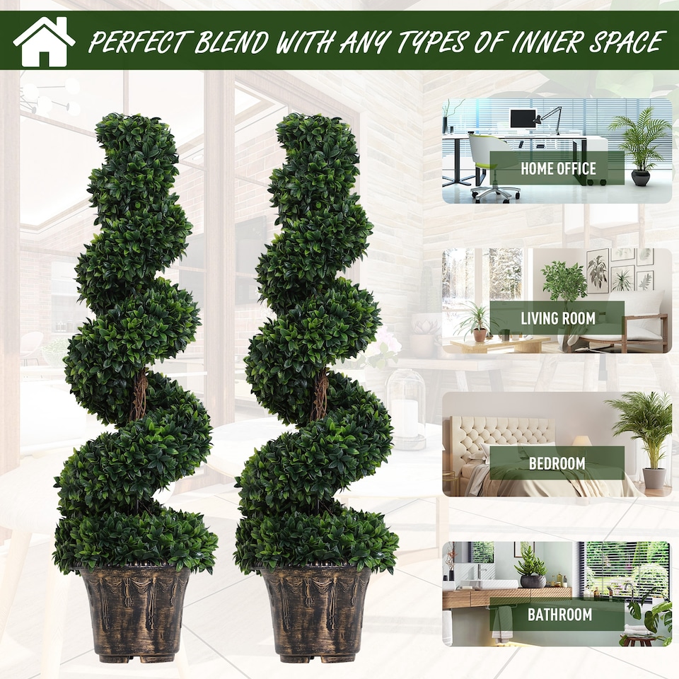 image 1 of Outsunny Set of 2 Artificial Trees, Artificial Boxwood Spiral Topiary Trees Potted Decorative Plant Indoor Decor 120cm