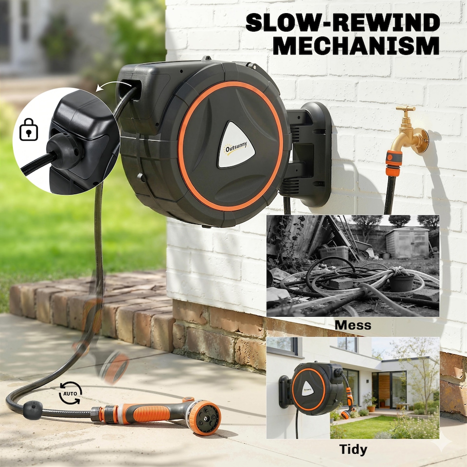 image 1 of Outsunny 28+2m Retractable Hose Reel Wall Mounted with Auto Retraction