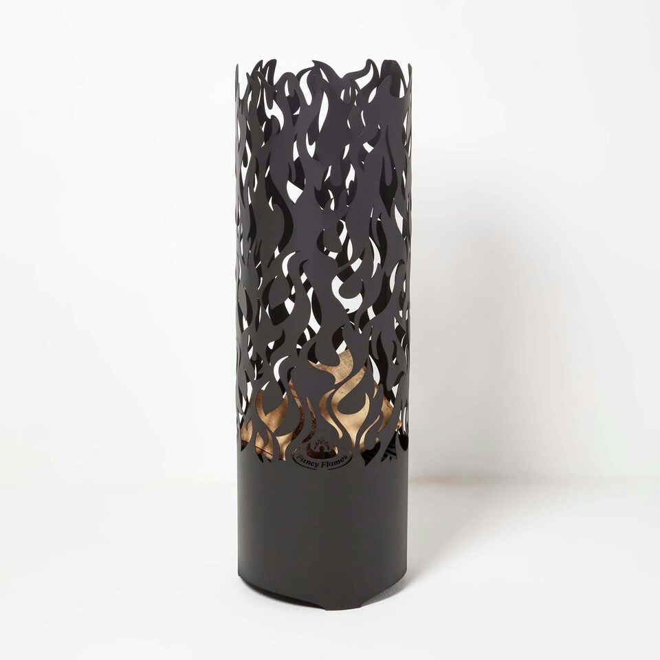 image 1 of Homescapes Large Black Fire Drum with Laser Cut Design, 1.2m Tall