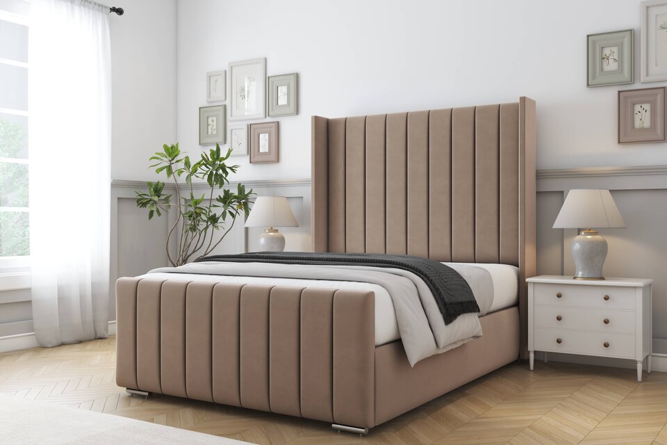 image 1 of Sloomy Melbourne Mink Plush Bed Frame With Mattress  With 50" Upholstered Wingback Headboard 4'6 Double
