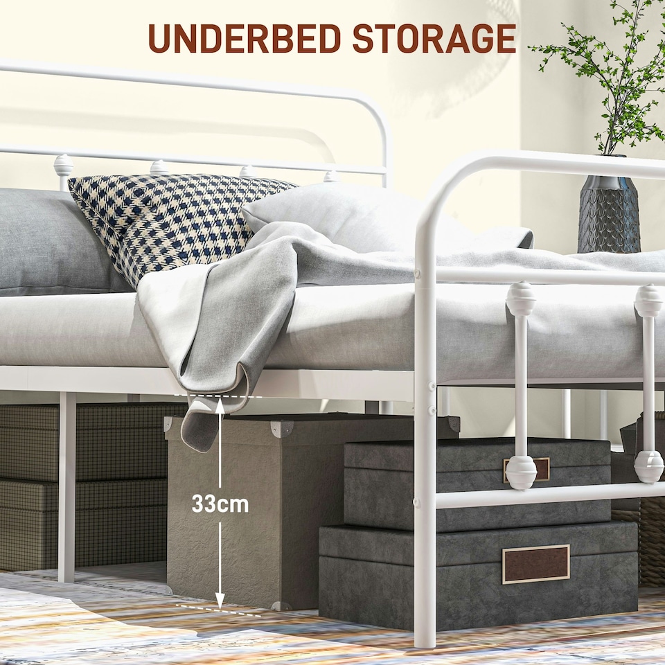 image 1 of HOMCOM 4ft6 Metal Double Platform Bed Frame w/ Underbed Storage White