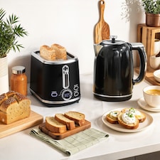 HOMCOM Kettle and Toaster Set with LED Screen, 1.7L 3000W Retro Rapid Boil Jug Kettle with Keep Warm Memory Function, 2 Slice Toaster with 6 Browning Controls, Crumb Tray, Black | Black
