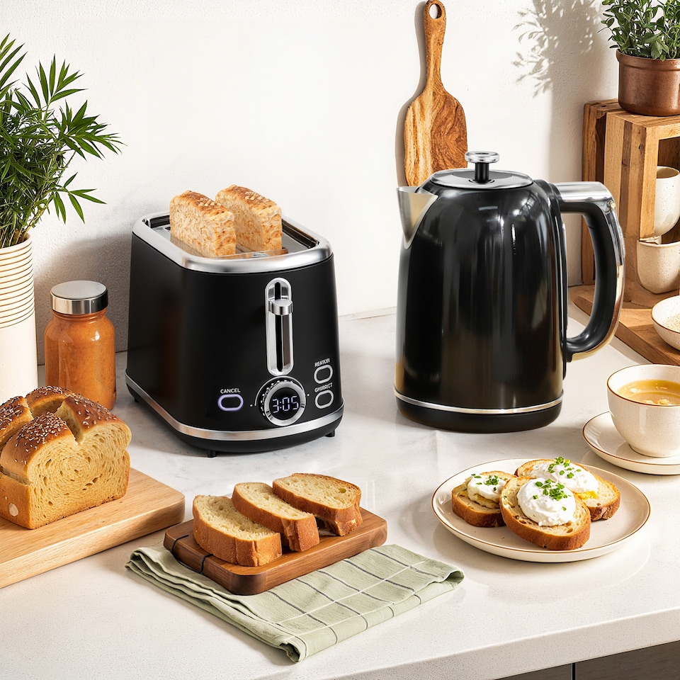image 1 of HOMCOM Kettle and Toaster Set with LED Screen, 1.7L 3000W Retro Rapid Boil Jug Kettle with Keep Warm Memory Function, 2 Slice Toaster with 6 Browning Controls, Crumb Tray, Black | Black
