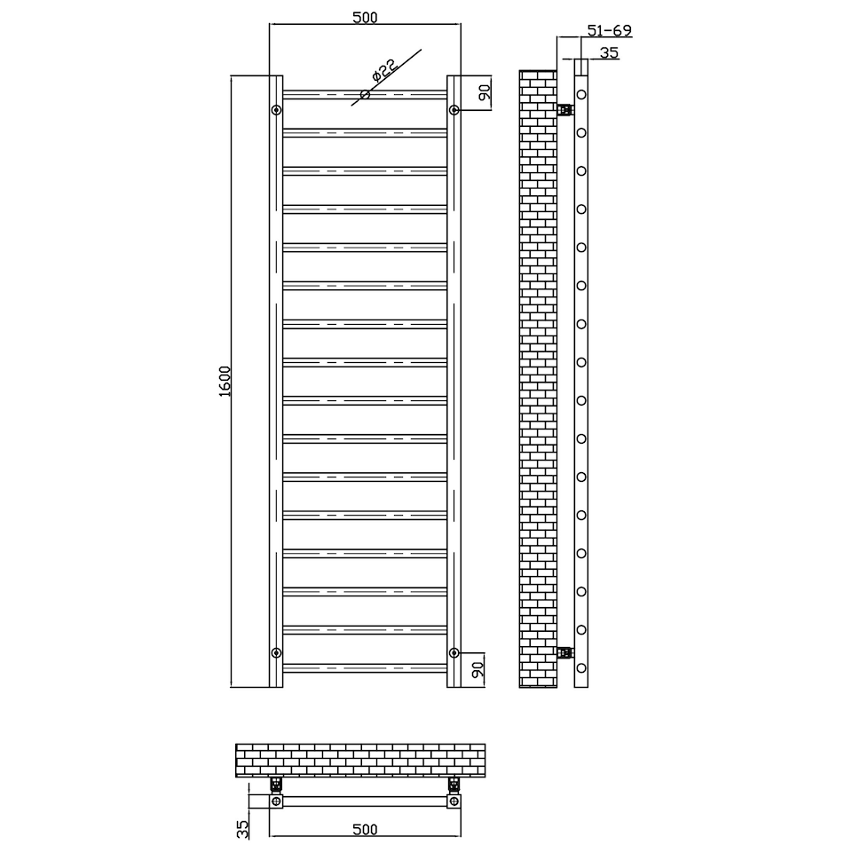 image 1 of Brushed Brass 1600 x 500mm Heated Bathroom Towel Rail Warmer Ladder Radiator with Angled Manual Valves Pair