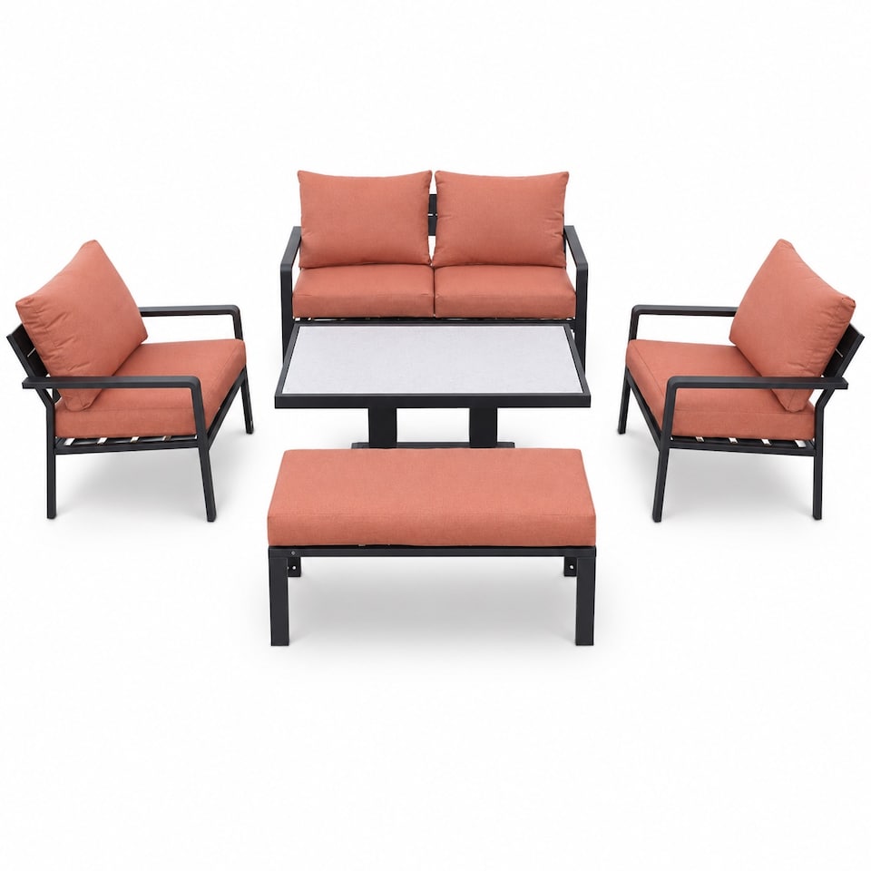 image 1 of 4 Seater 5 Piece Aluminium Garden Sofa Dining Set with Gas Lift Table, Ottoman Bench & Terracotta Cushions
