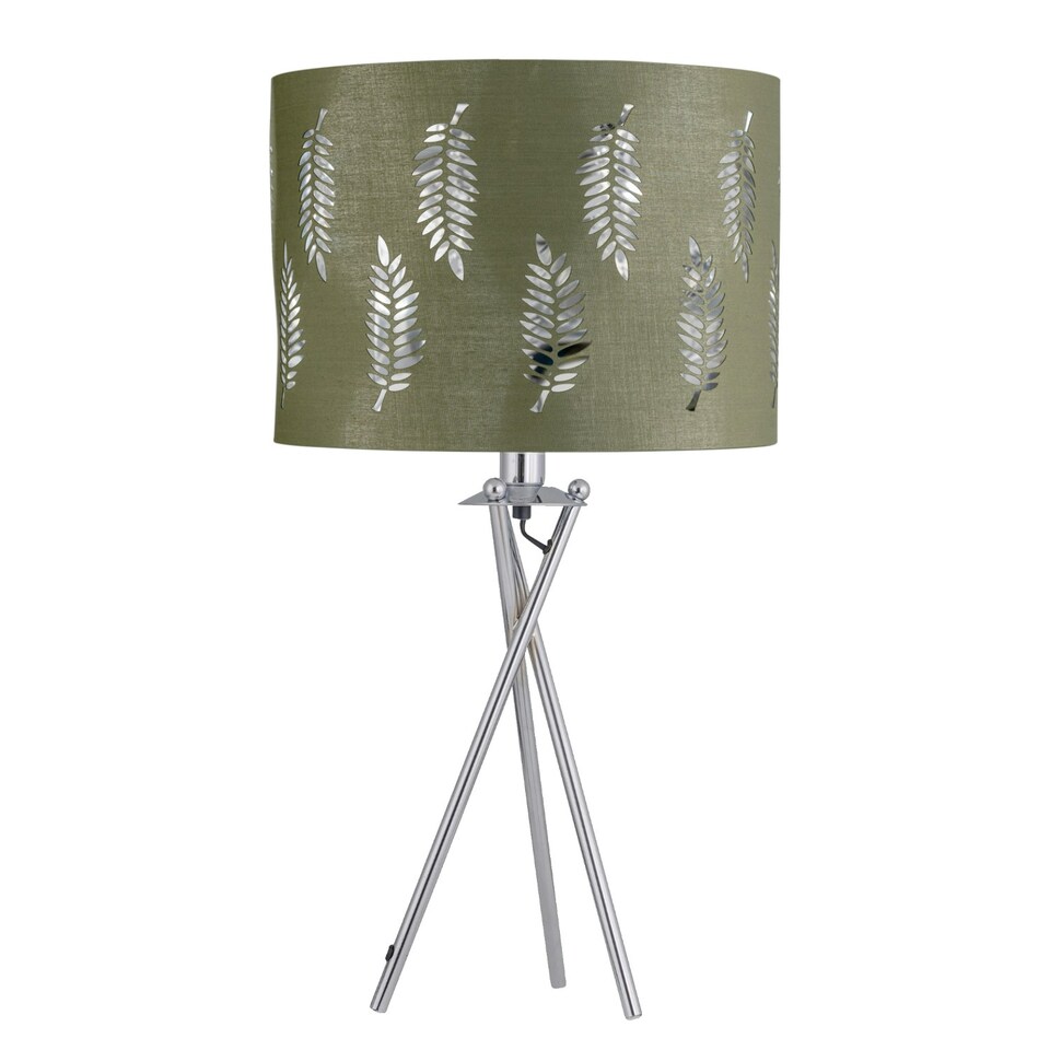 image 1 of Set of 2 Tripod Table Lamps with Sage Green Fern Cut Out Shades Chrome | Green