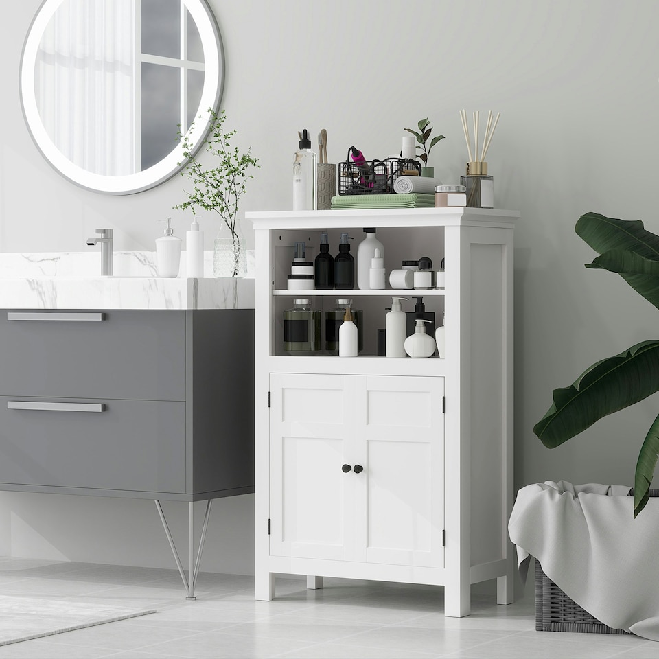 image 1 of HOMCOM Modern Bathroom Storage Cabinet with Open Shelves, White
