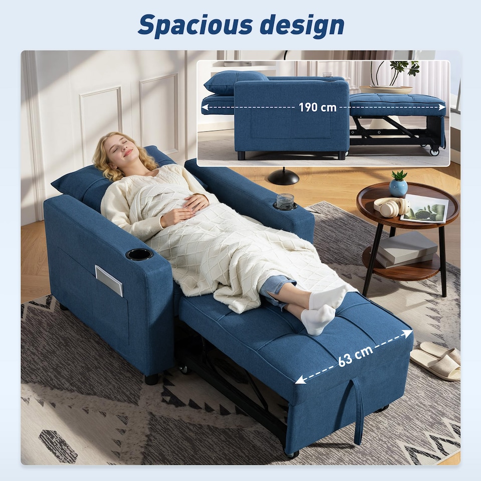 image 1 of HOMCOM 3-in-1 Single Sofa Bed, Convertible Sleeper Chair with Adjustable Backrest, Fabric Pull Out Chair Bed with Pillow, Side Pockets and Cup Holders for Living Room, Bedroom, Dark Blue | Blue
