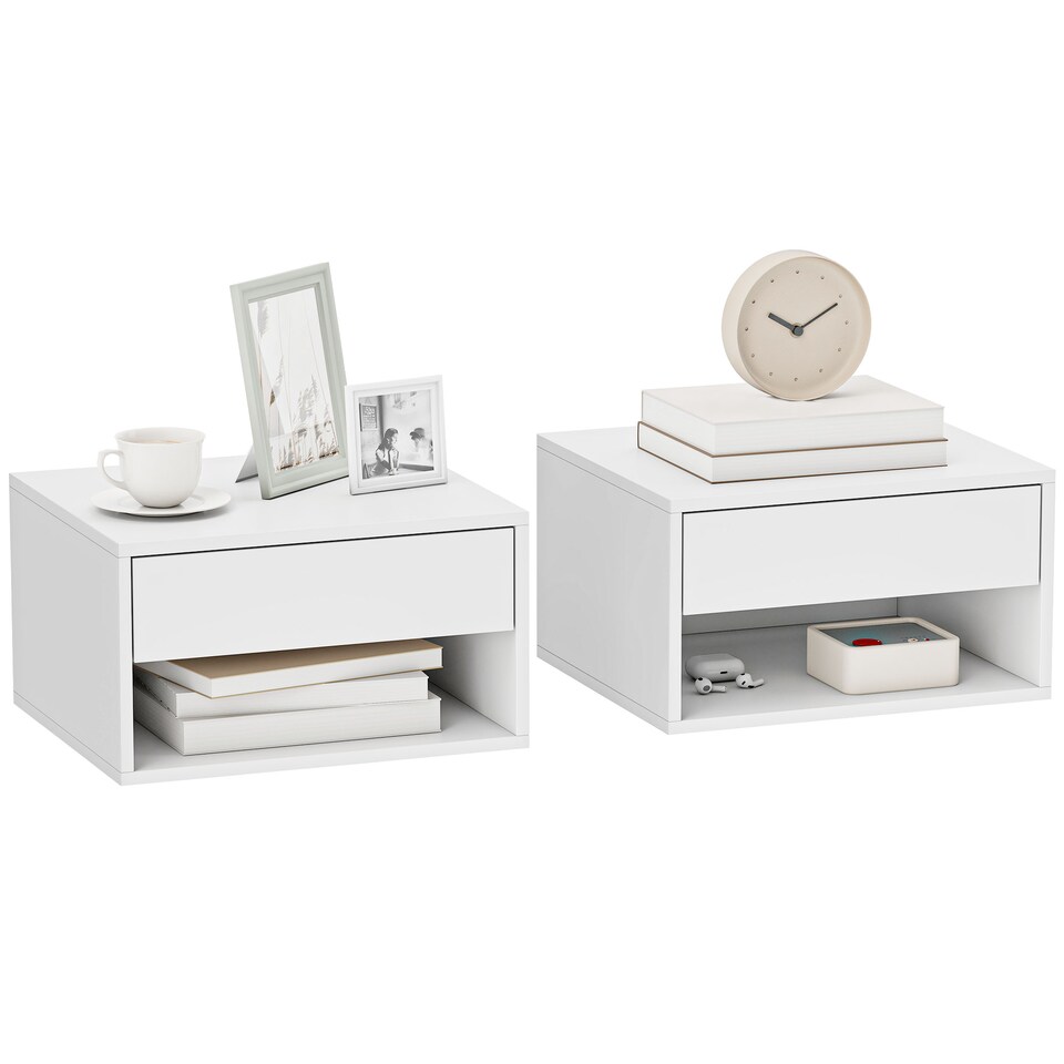image 1 of HOMCOM Floating Nightstands Set of 2, Bedside Table w/ Drawer and Open Shelf | White
