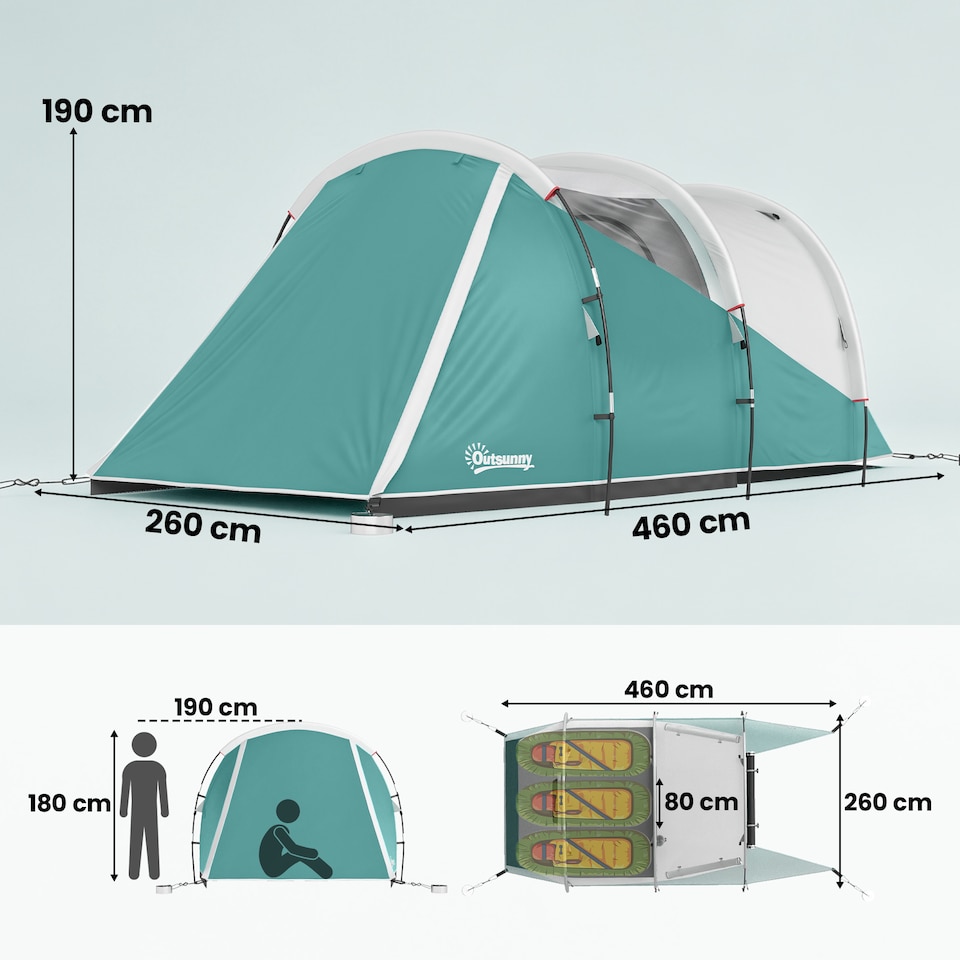 image 1 of Outsunny 3000mm Waterproof Camping Tent with 2 Rooms for 3 Man, Green