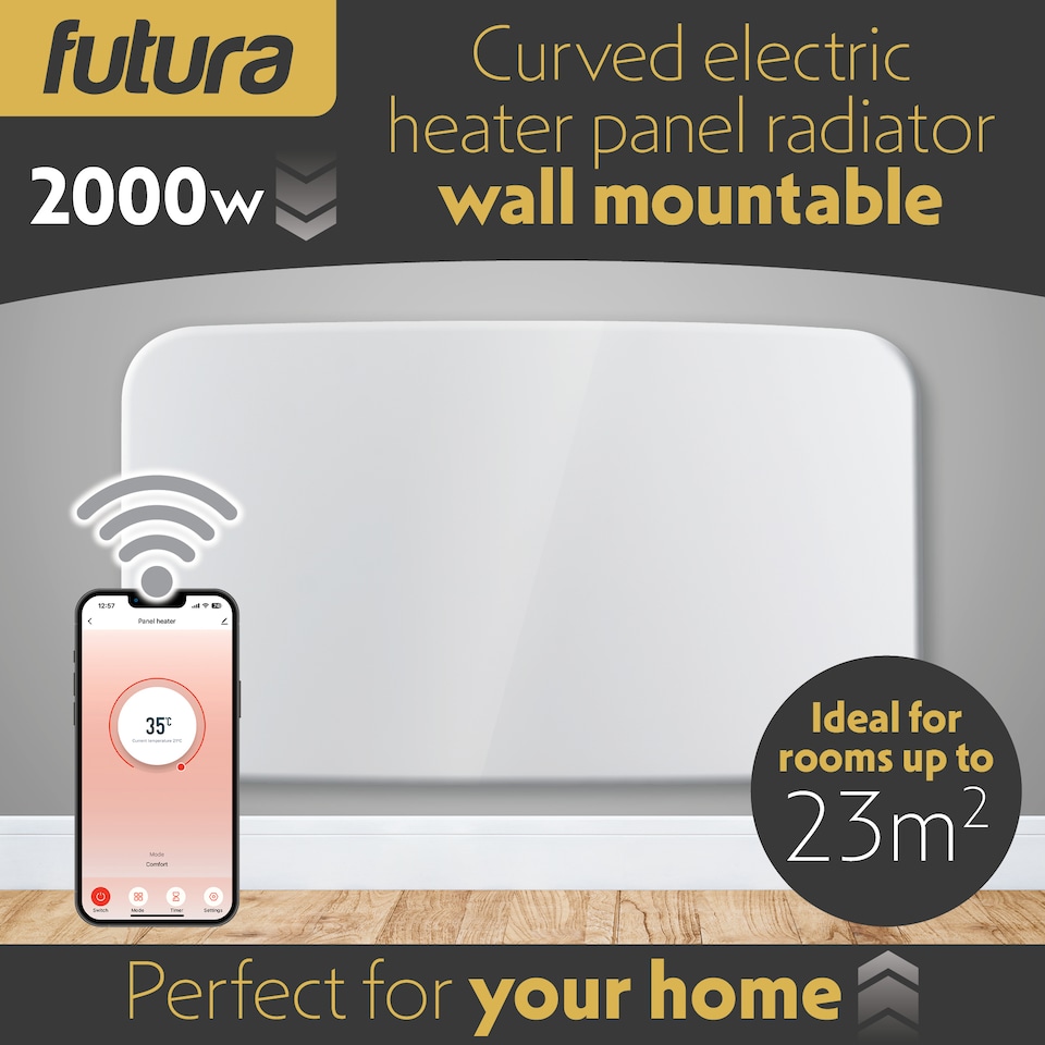 image 1 of Futura 2000W WIFI Curved Designer Electric Radiator Panel Heater White Wall Mounted Timer and Thermostat