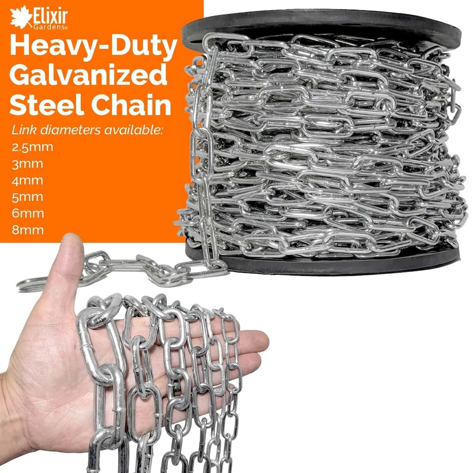 image 1 of Elixir Gardens Heavy Duty Galvanised Steel Chain 2-8mm Zinc Plated Welded Links. 8mm x 5m