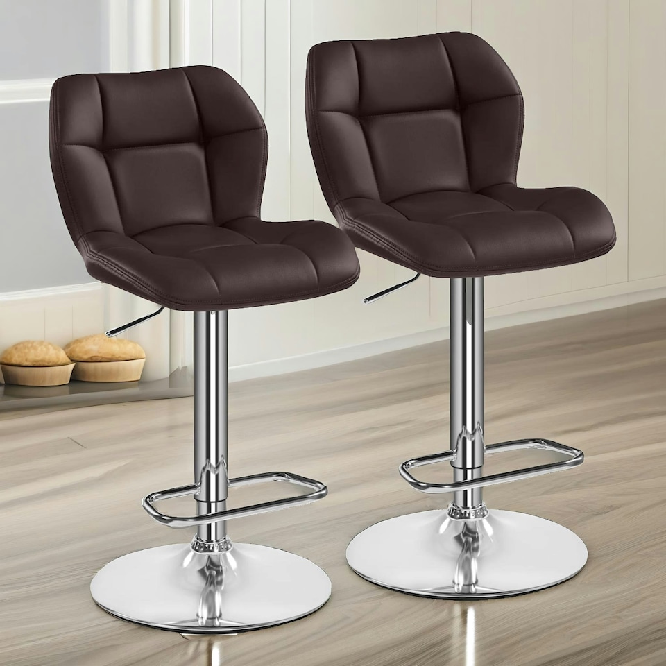 image 1 of Set Of 2 Height Adjustable 360 Swivel Barstools With Backrest Brown Brown