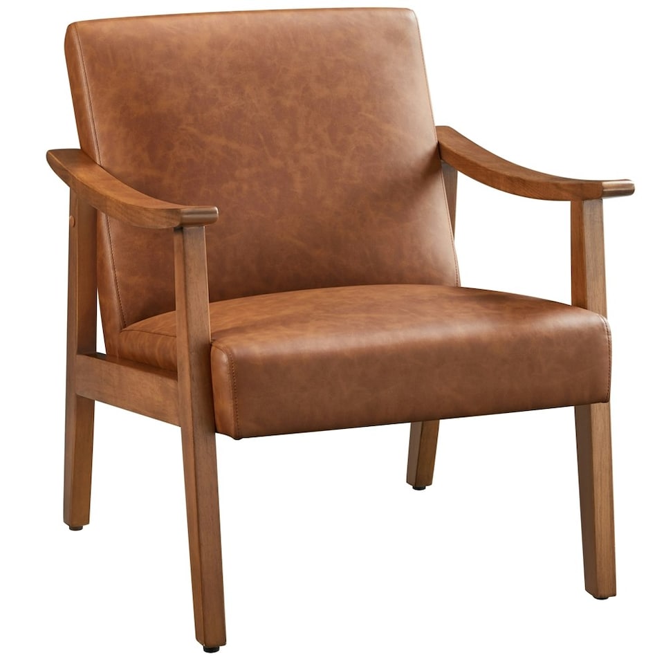 image 1 of Yaheetech Faux Leather Upholstered Armchair with Wood Legs | Brown | Light Brown