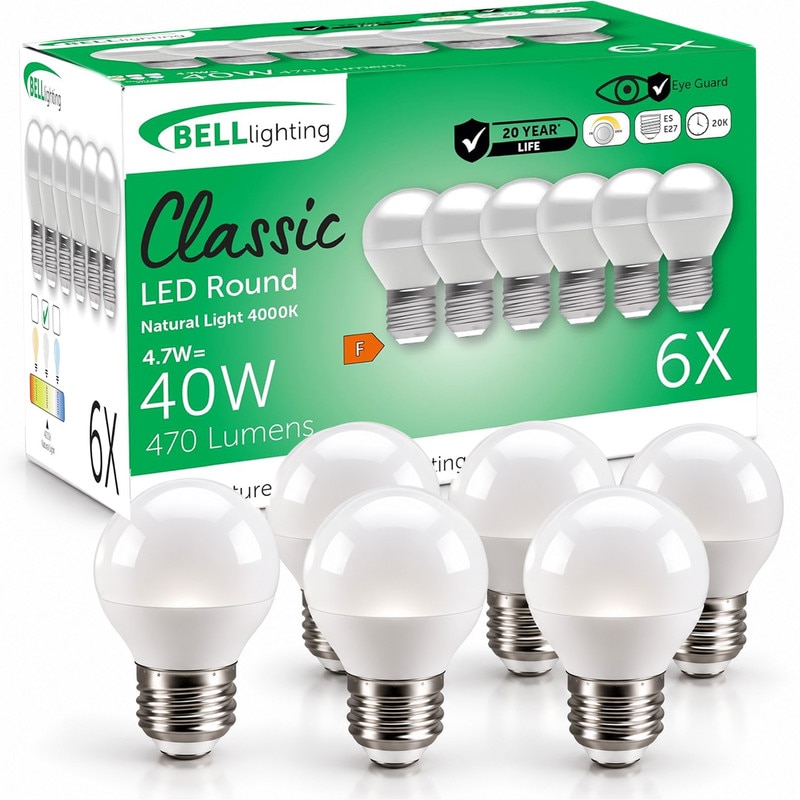 BELL Lighting E27 LED Golf Ball Bulb Dimmable Natural White 470lm 4.7W Edison Screw | Size: Pack of 6