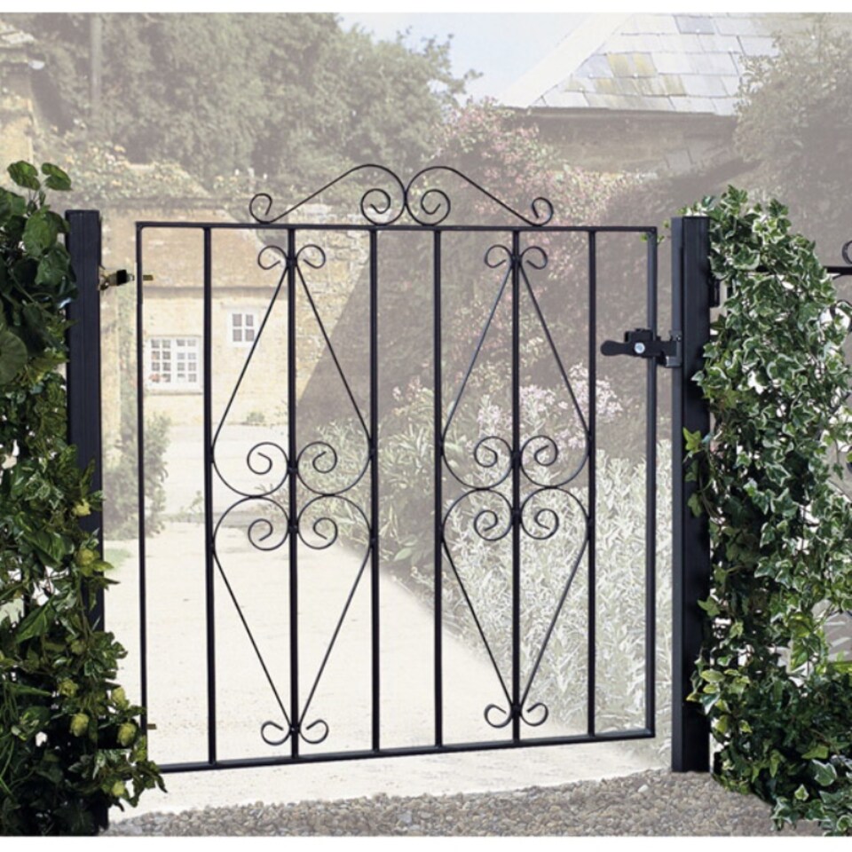 image 1 of Stirling Scroll Low Flat Top Single Gate - Solid Steel - Fits Gap of 1220 mm x 914 mm High - Electro Galv./Black Powder Coated | Black | 1