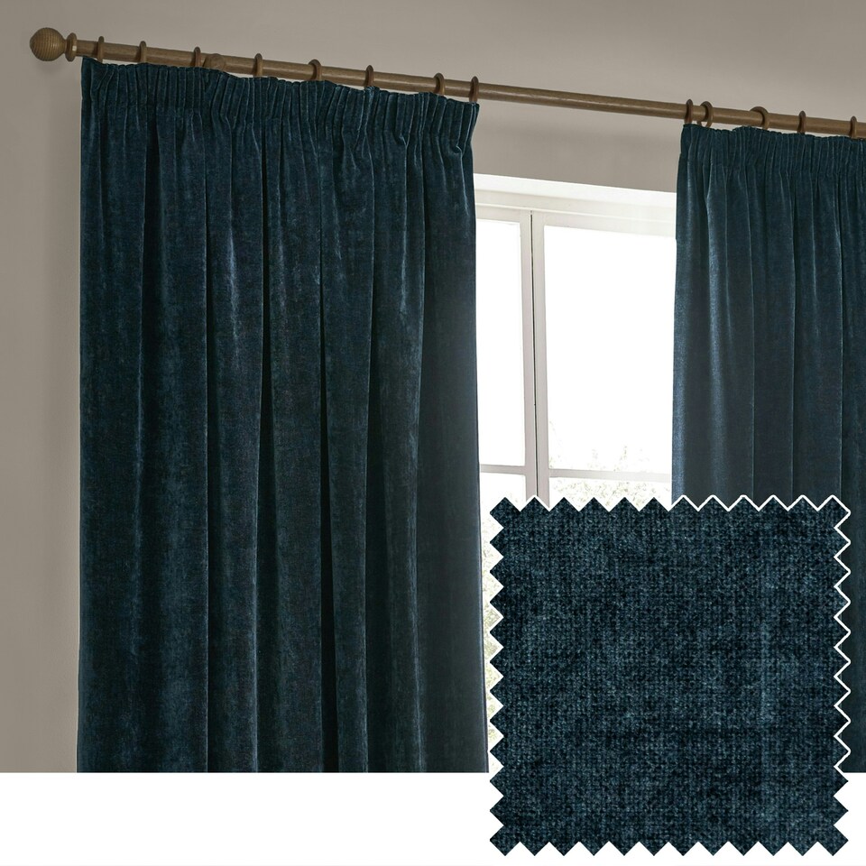 image 1 of Yard Heavy Chenille Velvet Navy Pencil Pleat Curtains  (W)168cm x (D)229cm Multi