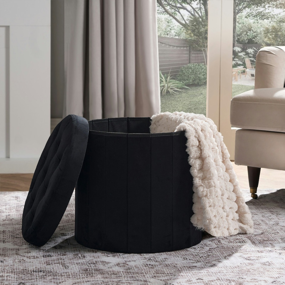 image 1 of OHS Matte Velvet Soft Round Foldable Footstool Seat Storage Organiser Ottoman Black