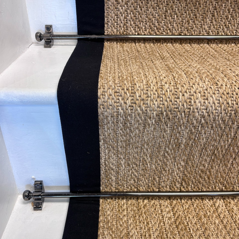 image 1 of Bibery Weave Beige Stair Runner with 100% Black Cotton Border Sample