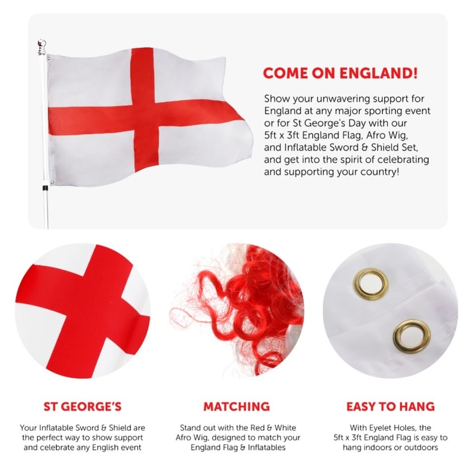 image 1 of Pack Of 2 England Curly Wig, 5ft x 3ft Flag & Inflatable Sword & Shield Red | One Size
