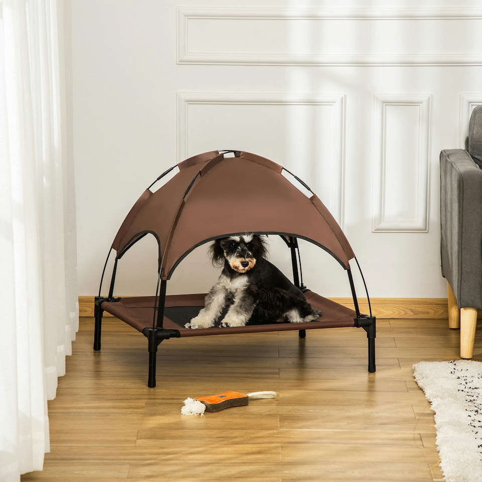 image 1 of PawHut 76cm Elevated Dog Bed Cooling Raised Pet Cot UV Protection Canopy Brown