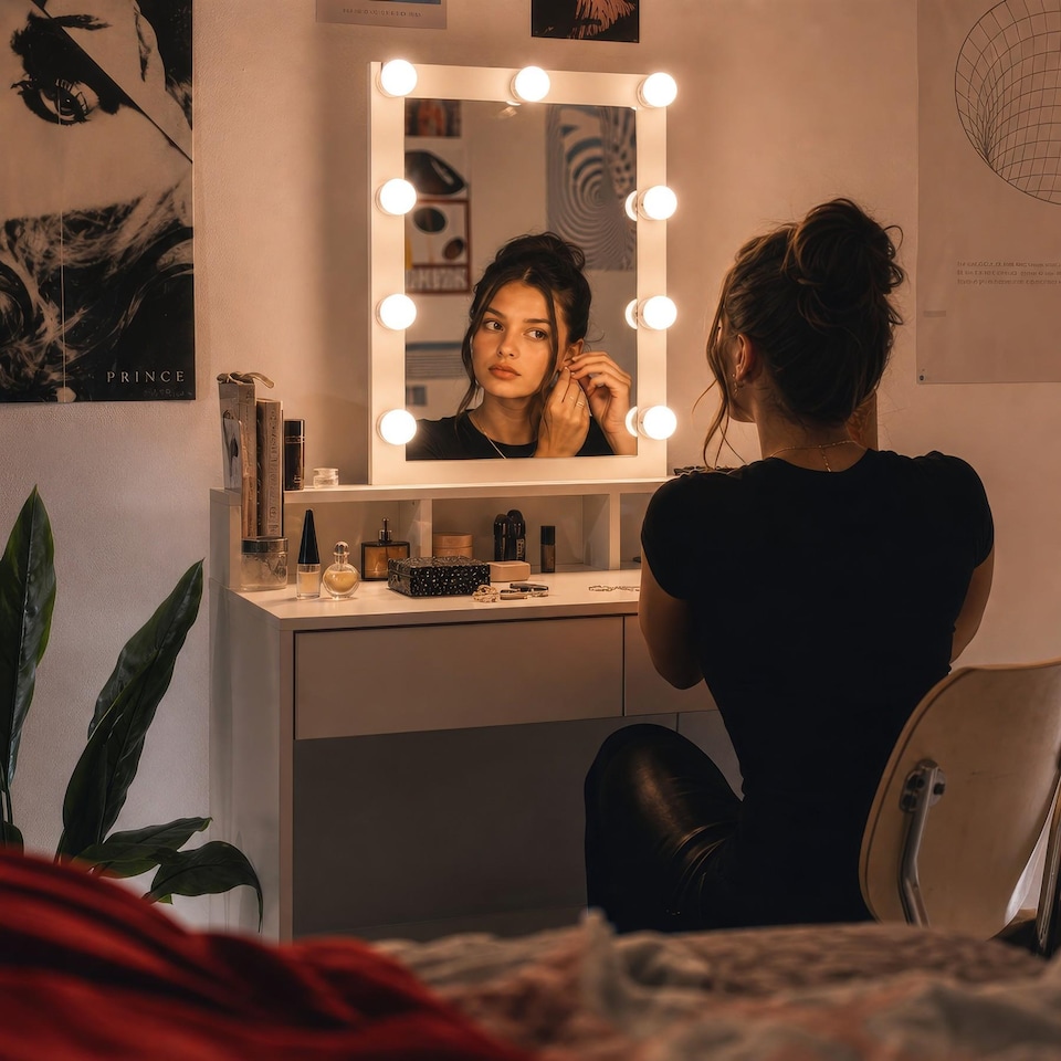 image 1 of Harbour Housewares Wooden Dressing Table with LED Lights - White | White | White