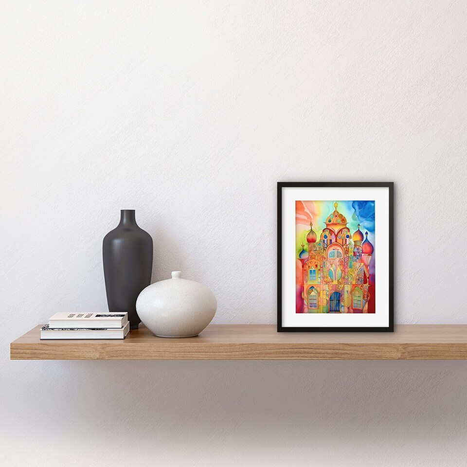 image 1 of Arabesque Building Vibrant Folk Art 9x7" Black Framed Wall Art Print