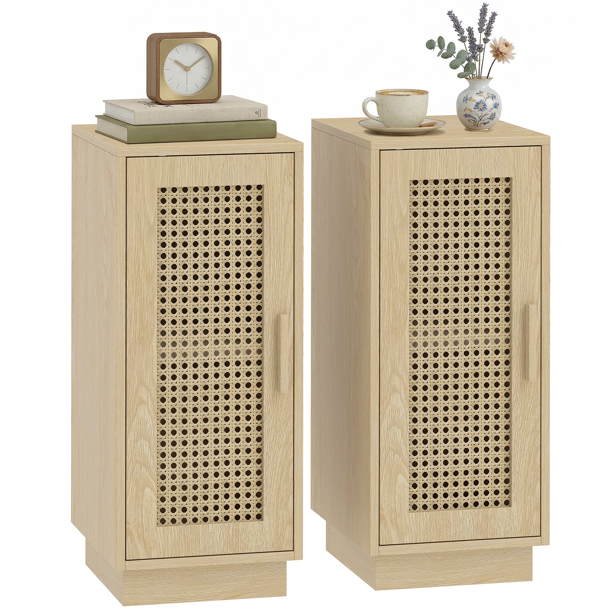HOMCOM Set of 2 Bedside Tables with Rattan-Decor Door, Natural Wood Finish
