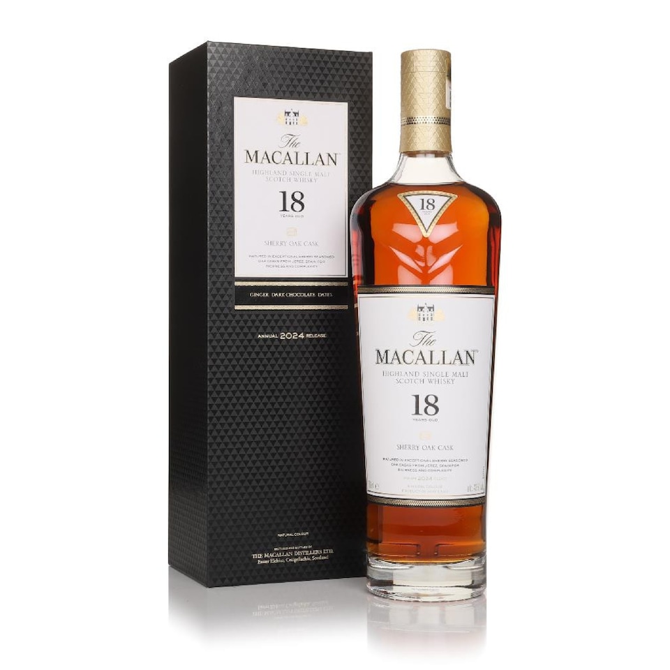image 1 of Macallan - 2024 Release Sherry Oak Highland Single Malt Scotch 18 year old Whisky | Multi | Medium Brown | Soft and rich, with hints of spice, clove, orange and toasted mature oak. | 1