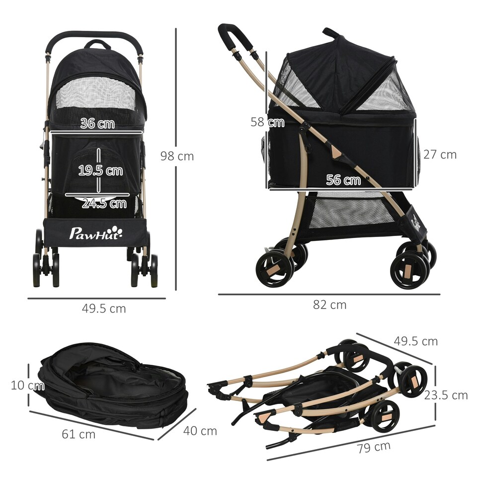 image 1 of PawHut 3 In 1 Pet Stroller, Detachable Dog Cat Travel Carriage - Black