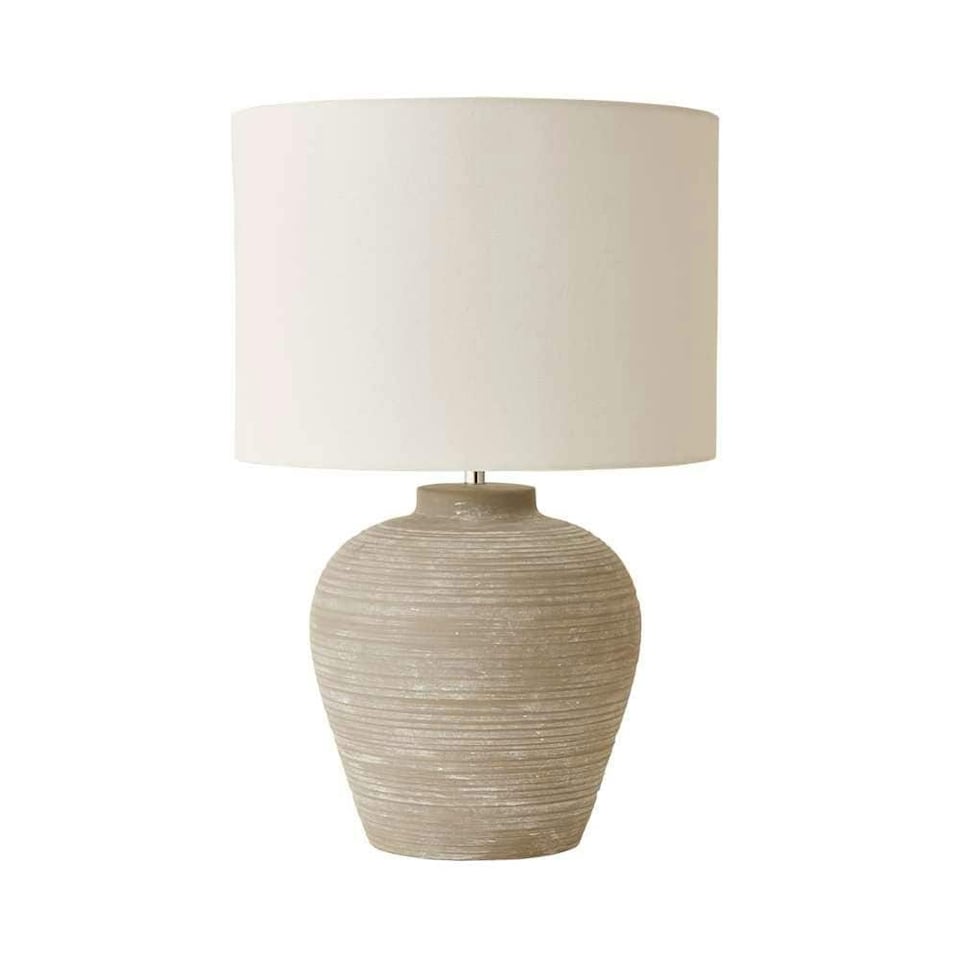 image 1 of ValueLights Reid Linen Drum Lamp Shade Stone Grey Ribbed Ceramic Large Table Lamp | Grey