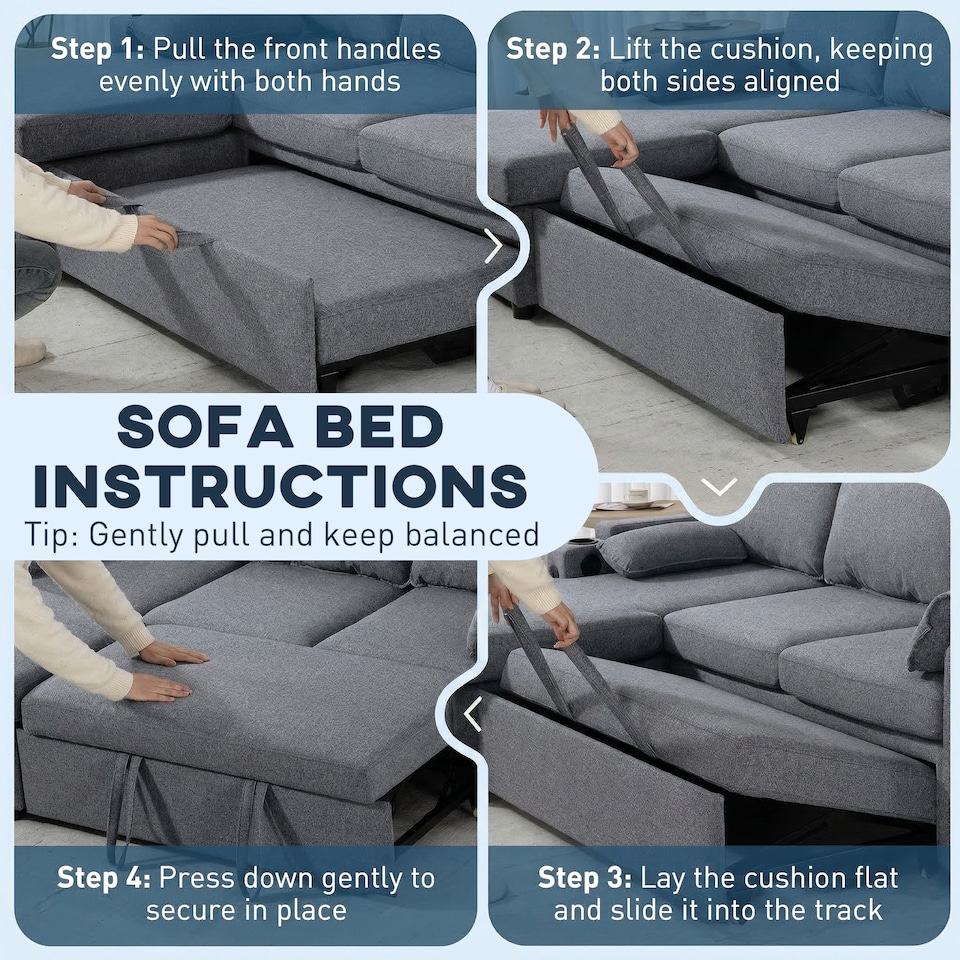 image 1 of HOMCOM Corner Sofa Bed, L Shaped Sofa with Storage Chaise, USB Ports | Grey | Grey | 205W x 136.5D x 85H cm