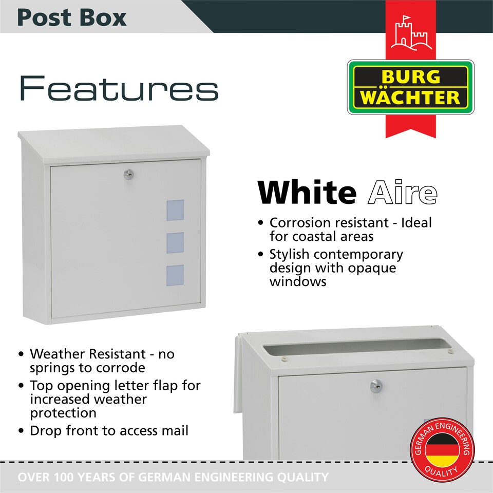image 1 of Burg-Wachter Aire Wall Mounted Galvanised Steel Lockable Weatherproof Post Box - 37x37x11cm White