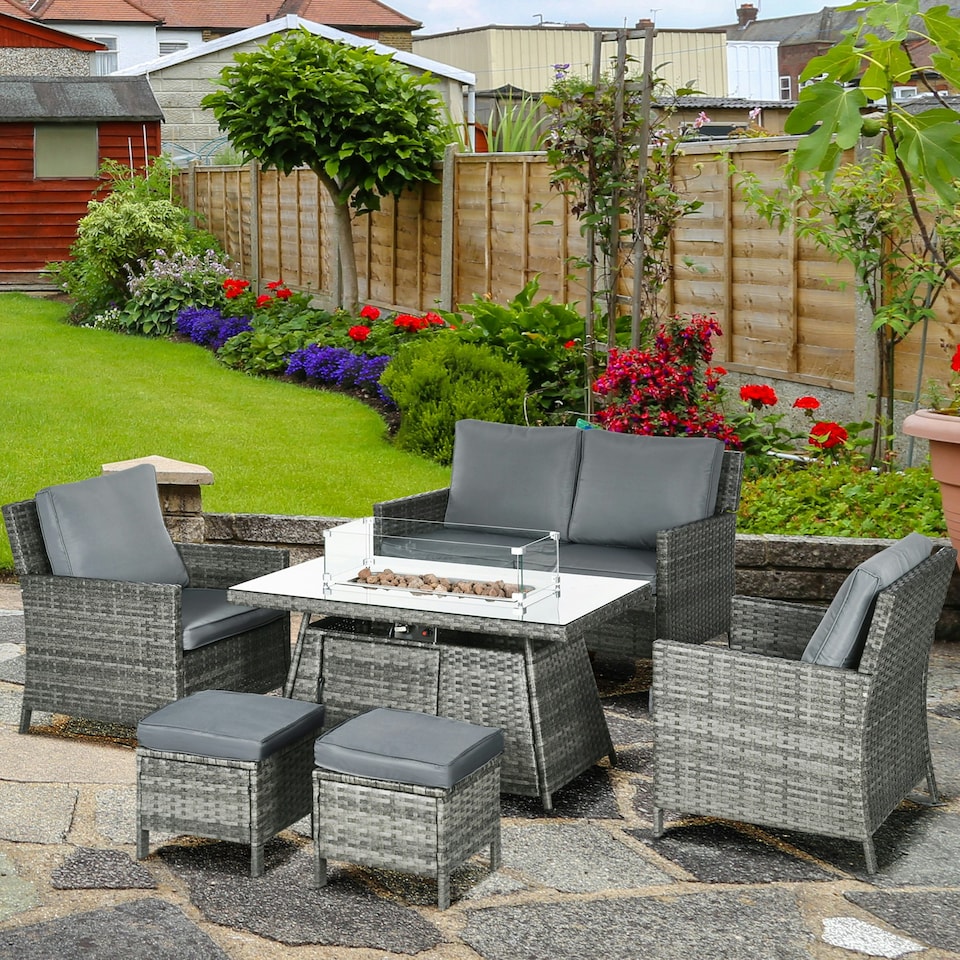 image 1 of Outsunny Rattan Garden Furniture Sofa Set Armchairs Fire Pit Table