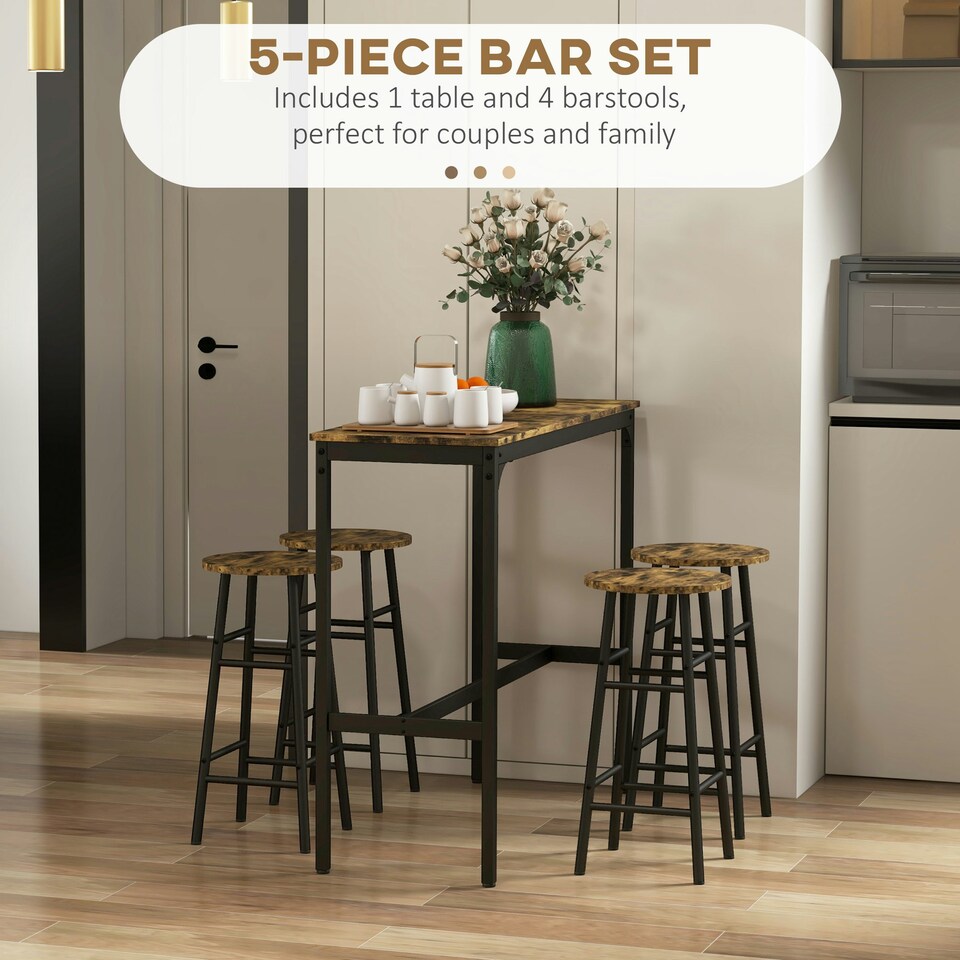 image 1 of HOMCOM 5 Piece Bar Set, Industrial Kitchen and Chair Set Rustic Brown