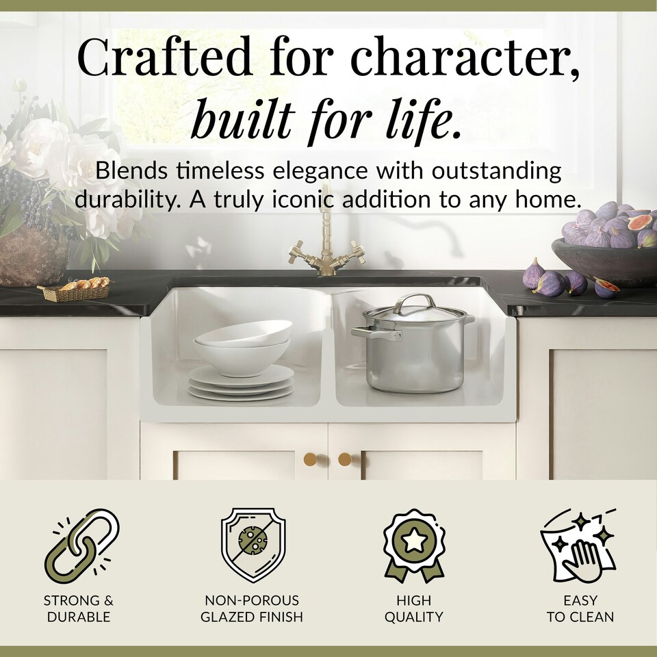 image 1 of Fireclay Kitchen Bundle - 2 Bowl Stepped Weir Butler Sink, Wastes & French Classic Tap, 795mm - Brushed Brass