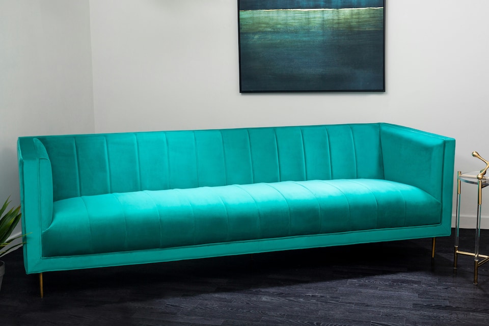 image 1 of Orsina 3 Seater Green Sofa For Living Room, Green Velvet Upholstered Settee Sofa, Classic Sofa Couch For Patio