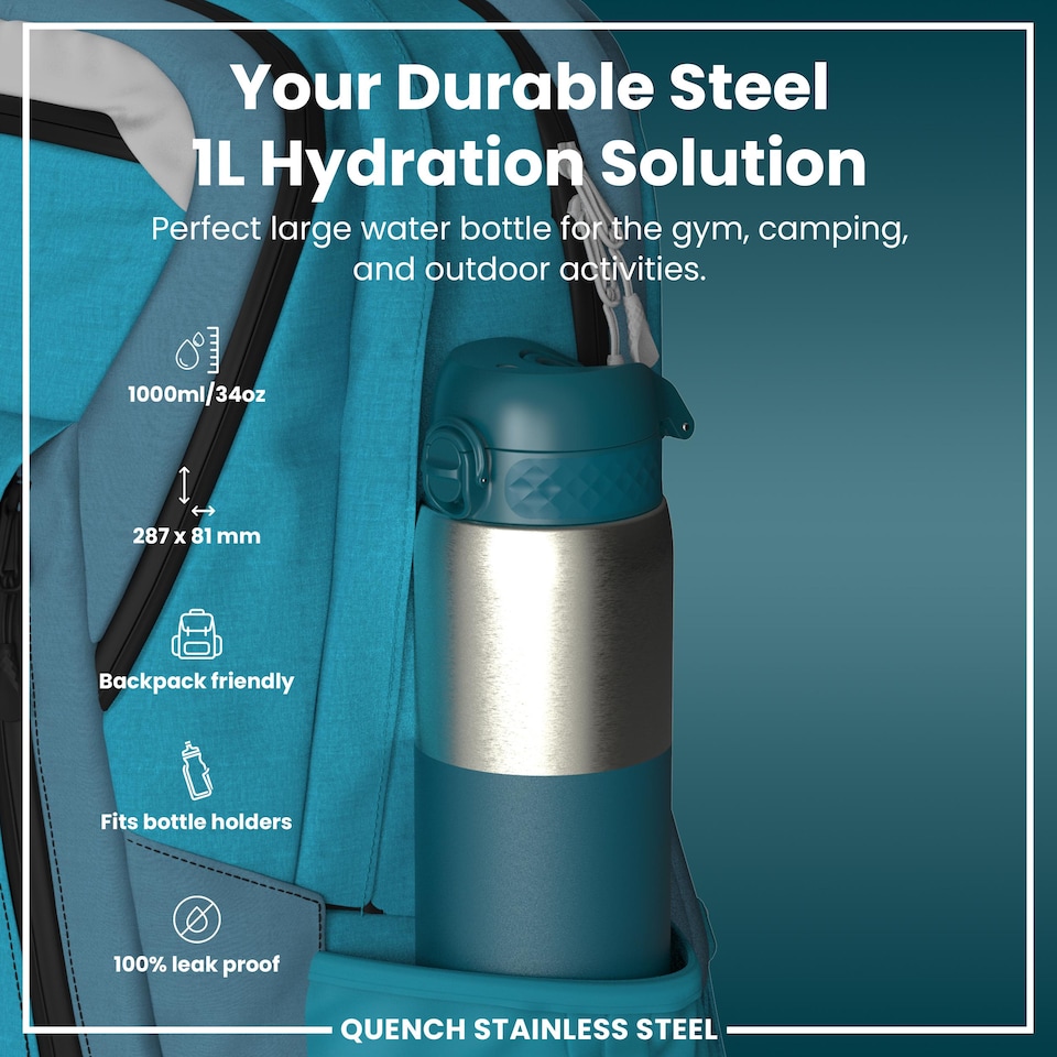 image 1 of Leak Proof 1 Litre Water Bottle, Stainless Steel, 1200ml (40oz)