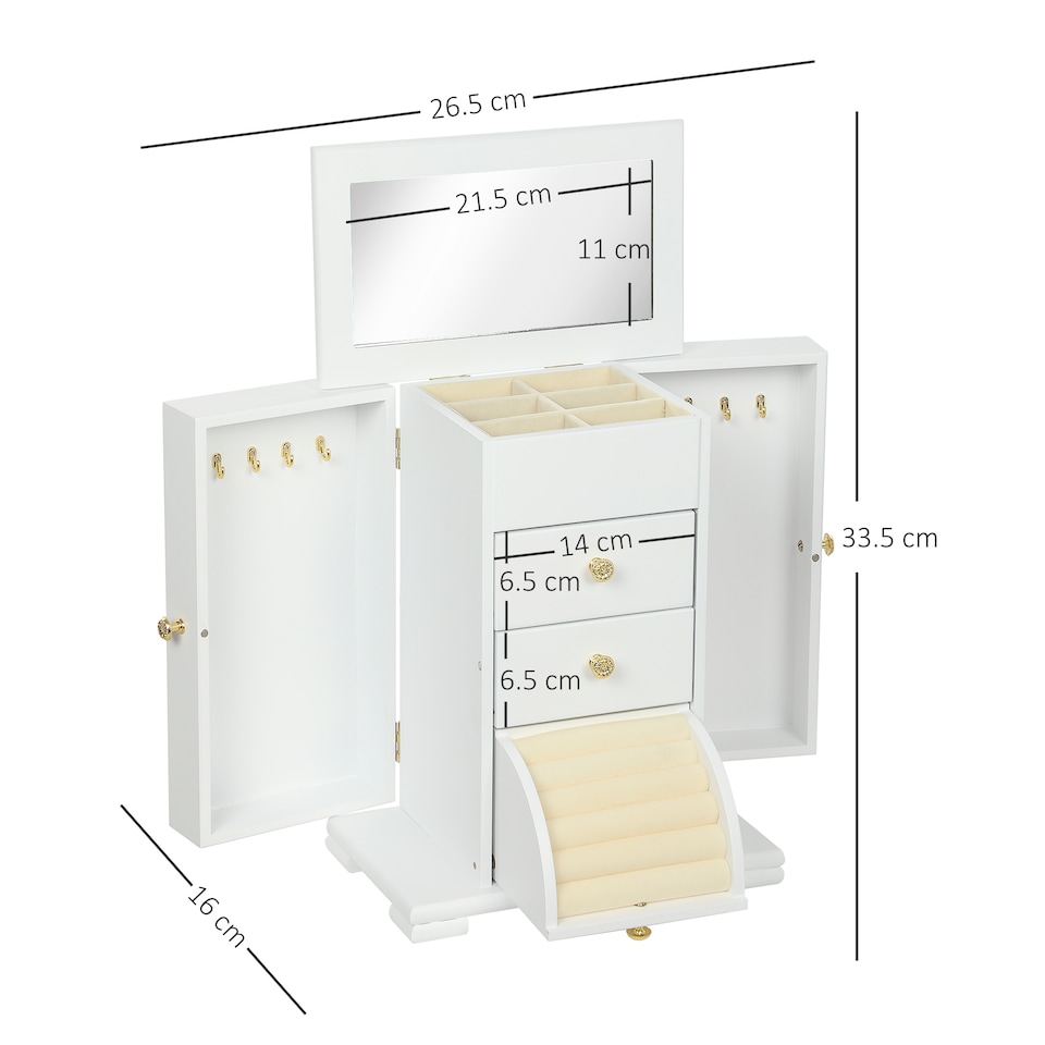 image 1 of HOMCOM 4-Tier Large Jewellery Box with Mirror and 3 Drawers, White