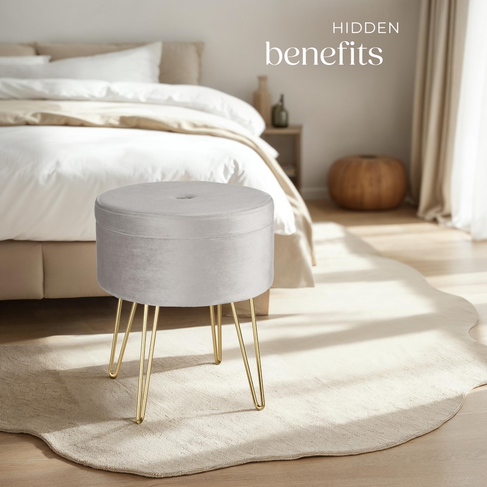 image 1 of Stool Ava - round, padded velvet look, with storage space | Grey | light grey | 37,50 x 37,50 x 44,50 cm | 1