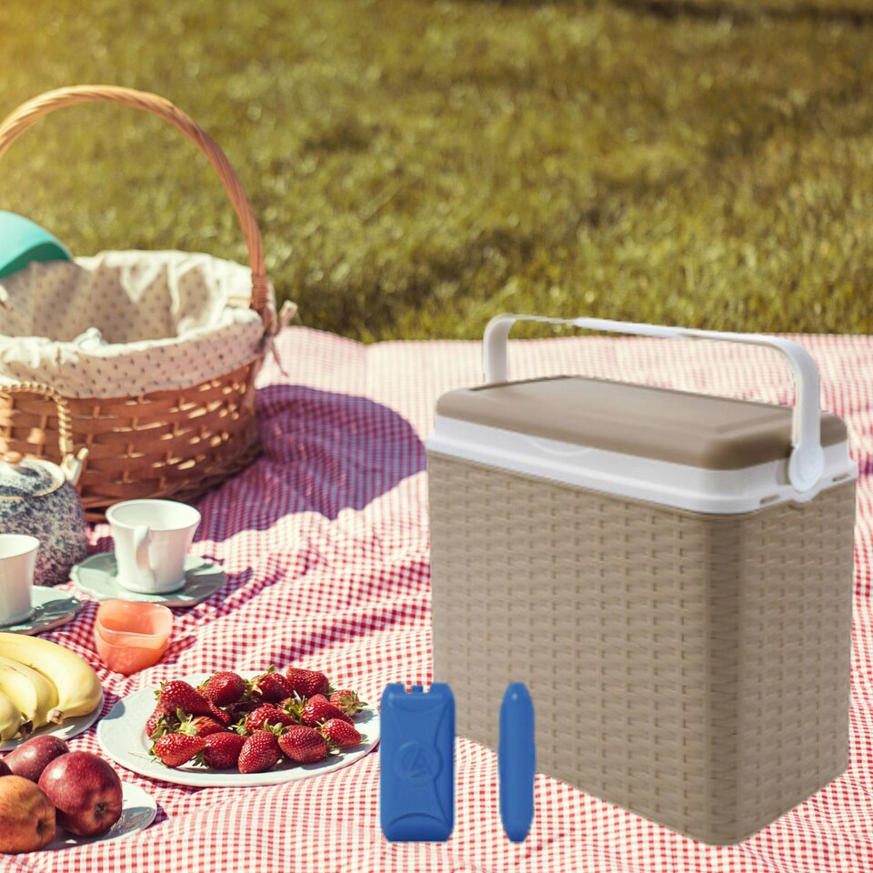 image 1 of 24L Rattan Design Cooler Lunch Box with 2 Ice Packs | Cream | 1