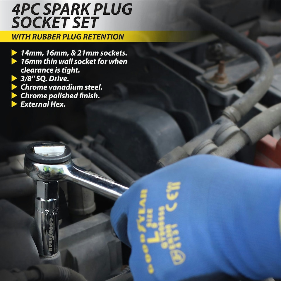 image 1 of Goodyear 4pc Spark Plug Socket Set With Rubber Plug Retention External Hex