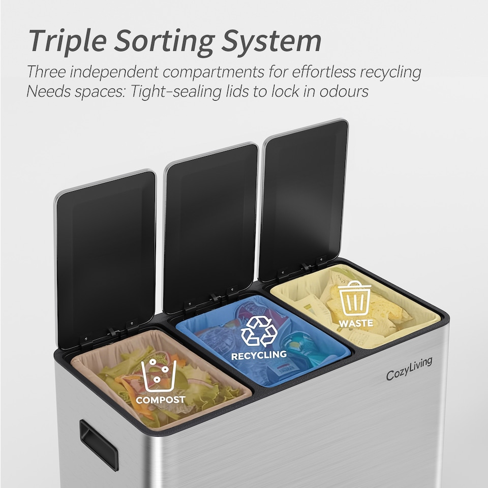 image 1 of CozyLiving 45L Triple Pedal Bin for Recycling and General Waste Rubbish Kitchen Bin 3x 15L
